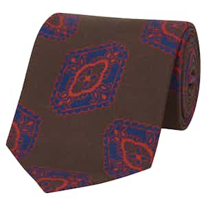 Brown Blue and Red Silk Square Print Tie