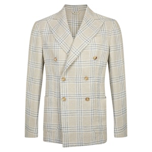 Beige and Light Blue Linen Check Double-Breasted Jacket