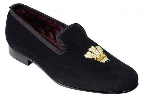 Crockett &amp; Jones velvet slippers with Prince of Wales embroidery.