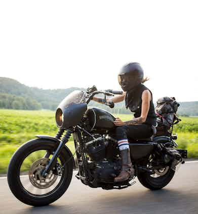 Leticia Cline on her Harley Davidson Sportster. Photographed by Josh Kurpius.