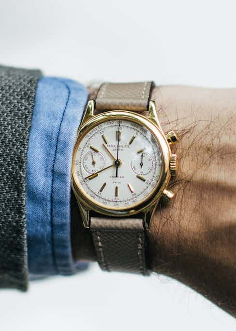 “A vintage Patek chrono is one of the most elegant things a man can own,” Benjamin says, but that’s not the only reason this timepiece deserves attention: it’s the only known 1463 to be retailed by Cartier, carrying the signatures of both the French and Swiss houses. It was owned by a woman from the Upper East Side for more than 20 years before Benjamin won it at auction last year.