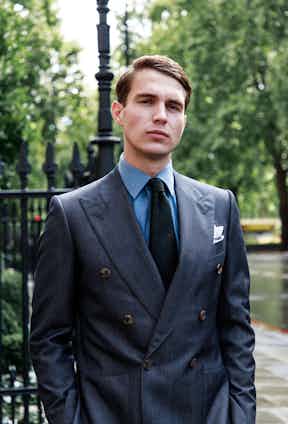 This exclusive Chester Barrie two-piece combines the utilitarian look of denim with sharp tailoring.