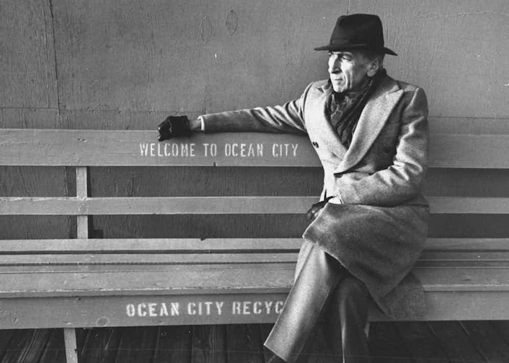 Talese sits on a bench on boardwalk in Ocean City in 1992 where he was born and raised. Photo by Marianne Barcellona/The LIFE Images Collection/Getty Images.