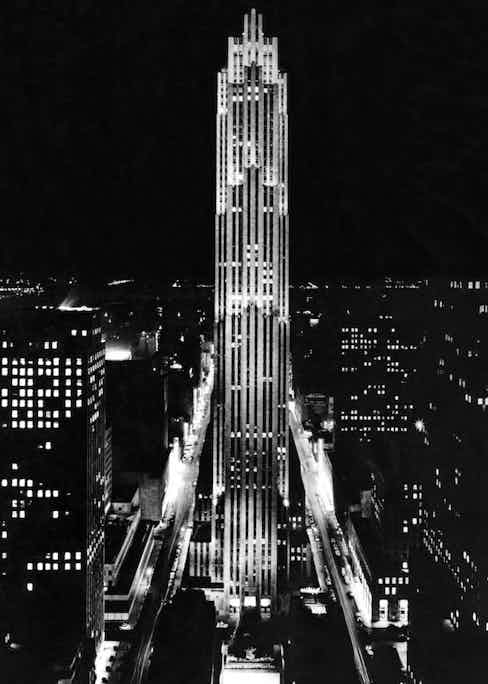 A view of the seventy story 30 Rockefeller Plaza building, the centrepiece of Rockefeller Centre in midtown Manhattan, New York, circa 1938. Photograph by Underwood Archives/UIG/REX/Shutterstock.