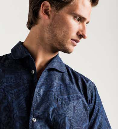 Mo Coppoletta London industrial print one piece collar short-sleeve denim shirt, Turnbull & Asser  for The Rake.