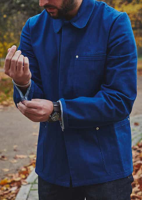 This Blackhorse Lane blue chore jacket features three front pockets and is crafted from hardy natural indigo denim. Photograph by James Munro.