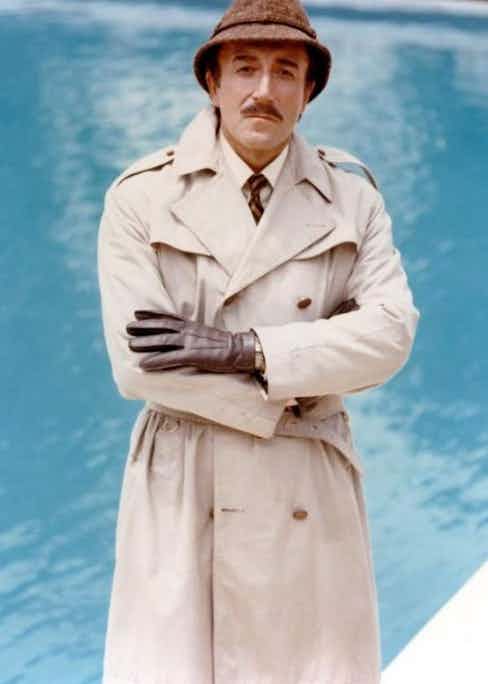 Peter Sellers wears the coat with comic effect in Inspector Clouseau in The Pink Panther, 1963.