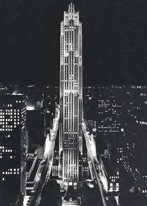 Night-time view of the RCA Building at the Rockefeller Centre, Manhattan, 1938 Photo by Underwood Archives/UIG/REX/Shutterstock (3838293a)