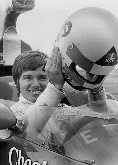 Miss Lella Lombardi, Italian female racing car driver trying out the size of Kevin Bartlett's Lola F5000 at Oran Park, 1974 (Photo by Wayne Russell Black/Fairfax Media via Getty Images)