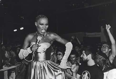 Grace Jones performing at Studio 54 circa 1980 in New York City. (Photo by Sonia Moskowitz/IMAGES/Getty Images)