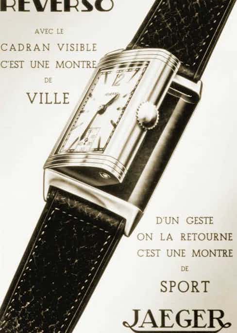 Old advertisement for the Reverso and its swiveling case